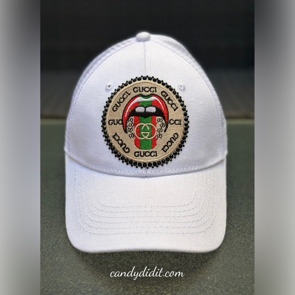 NWT Candy Did It! Handmade Designer Look Gucci Logo & Black Crystal Trucker Hat